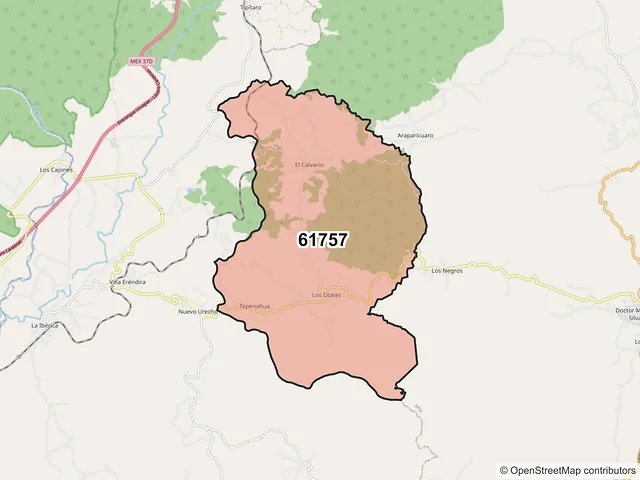 Mapa del código postal 61757, Nuevo Urecho, Michoacán de Ocampo