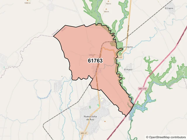 Mapa del código postal 61763, Múgica, Michoacán de Ocampo