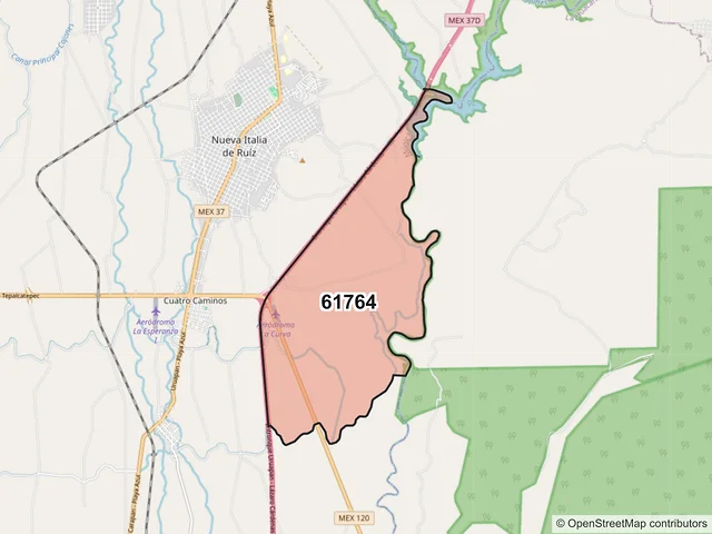 Mapa del código postal 61764, Múgica, Michoacán de Ocampo