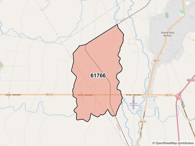 Mapa del código postal 61766, Múgica, Michoacán de Ocampo