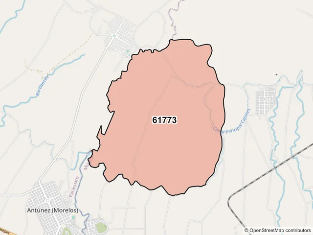 Mapa del código postal 61773, Múgica, Michoacán de Ocampo