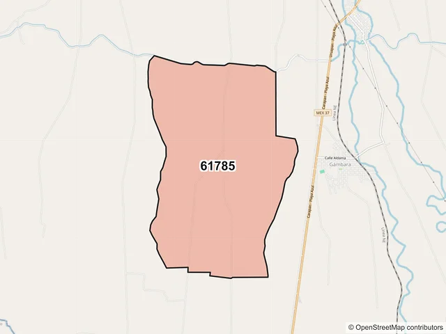 Mapa del código postal 61785, Múgica, Michoacán de Ocampo