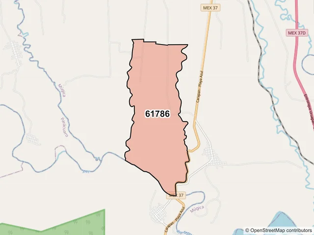 Mapa del código postal 61786, Múgica, Michoacán de Ocampo