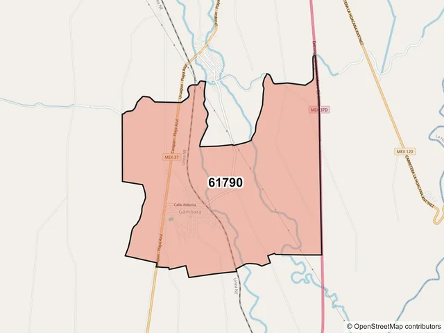 Mapa del código postal 61790, Múgica, Michoacán de Ocampo