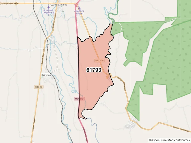 Mapa del código postal 61793, Múgica, Michoacán de Ocampo