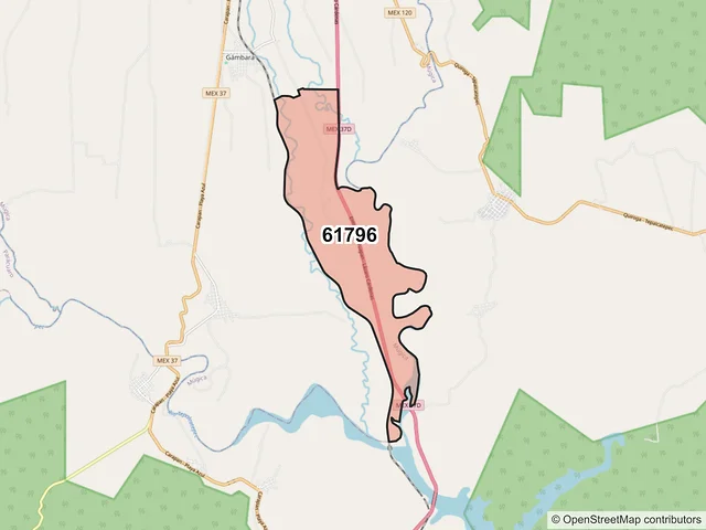 Mapa del código postal 61796, Múgica, Michoacán de Ocampo