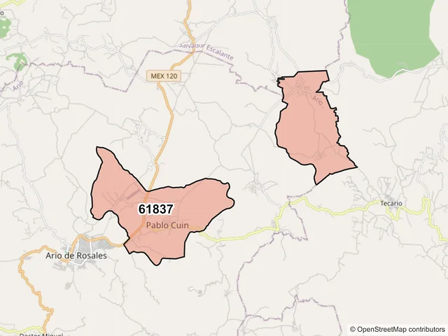 Mapa del código postal 61837, Ario, Michoacán de Ocampo