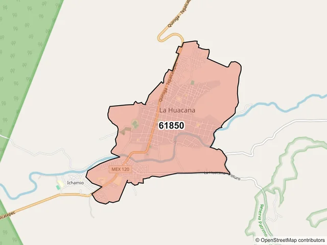 Mapa del código postal 61850, La Huacana, Michoacán de Ocampo