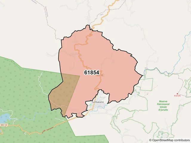 Mapa del código postal 61854, La Huacana, Michoacán de Ocampo
