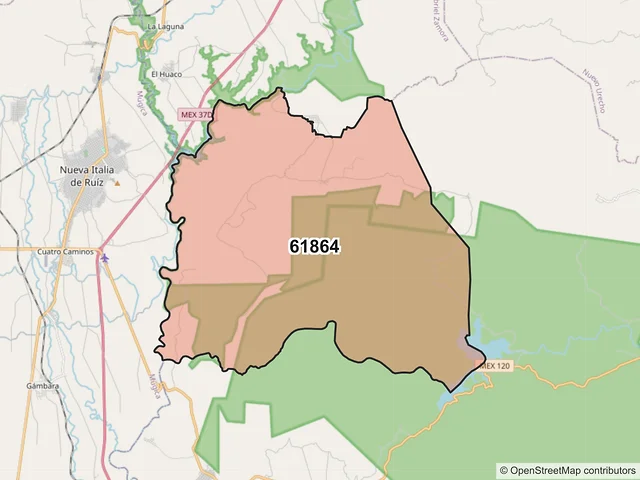 Mapa del código postal 61864, La Huacana, Michoacán de Ocampo