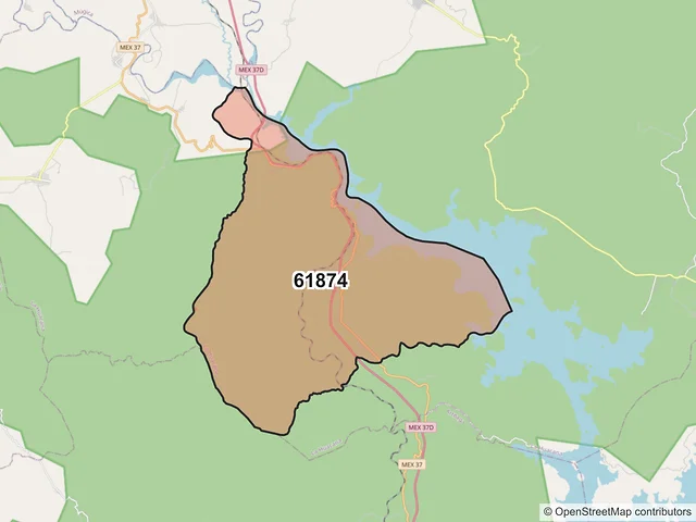 Mapa del código postal 61874, La Huacana, Michoacán de Ocampo