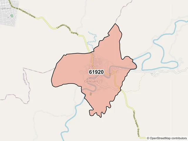 Mapa del código postal 61920, Carácuaro, Michoacán de Ocampo