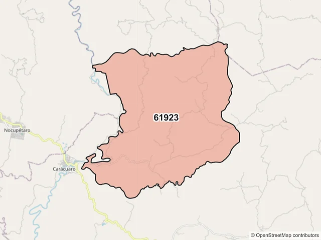 Mapa del código postal 61923, Carácuaro, Michoacán de Ocampo