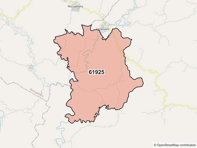 Mapa del código postal 61925, Carácuaro, Michoacán de Ocampo