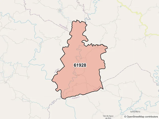 Mapa del código postal 61928, Carácuaro, Michoacán de Ocampo