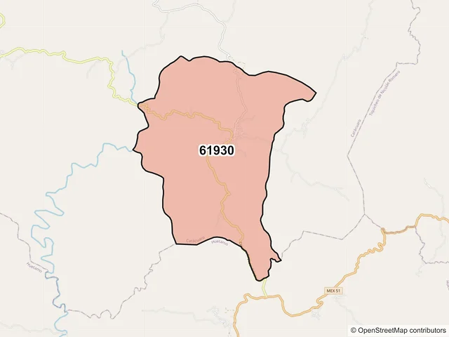 Mapa del código postal 61930, Carácuaro, Michoacán de Ocampo