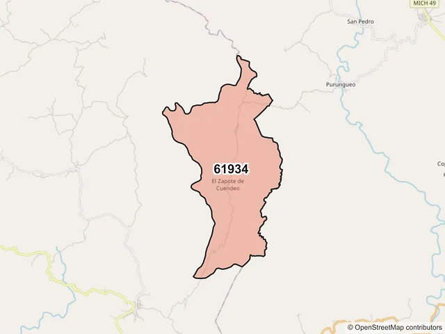 Mapa del código postal 61934, Carácuaro, Michoacán de Ocampo