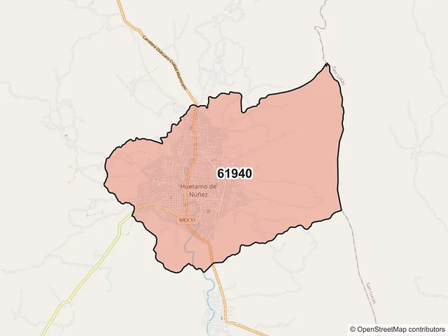 Mapa del código postal 61940, Huetamo, Michoacán de Ocampo