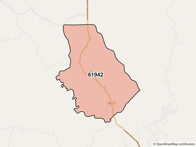 Mapa del código postal 61942, Huetamo, Michoacán de Ocampo
