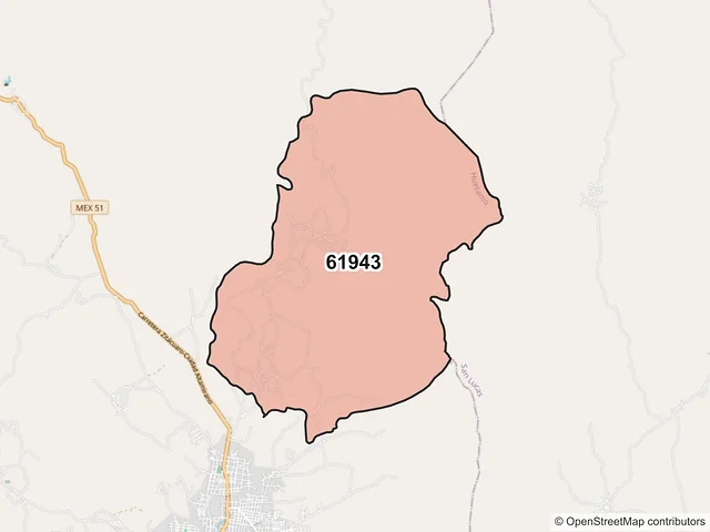 Mapa del código postal 61943, Huetamo, Michoacán de Ocampo