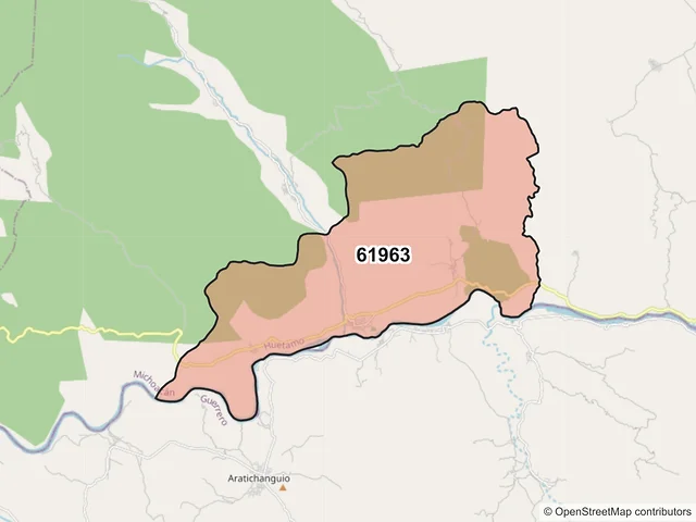 Mapa del código postal 61963, Huetamo, Michoacán de Ocampo