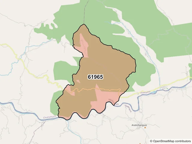 Mapa del código postal 61965, Huetamo, Michoacán de Ocampo