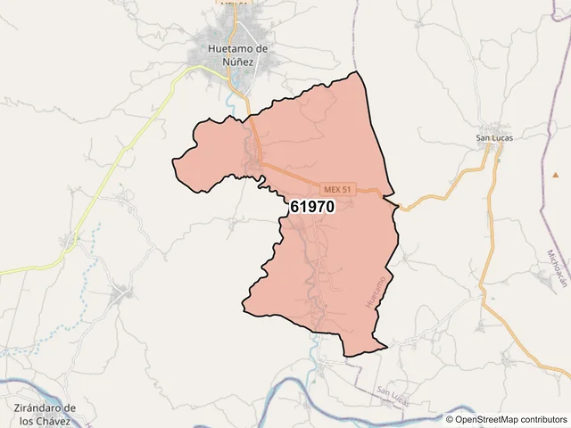 Mapa del código postal 61970, Huetamo, Michoacán de Ocampo