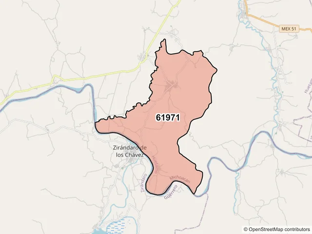 Mapa del código postal 61971, Huetamo, Michoacán de Ocampo