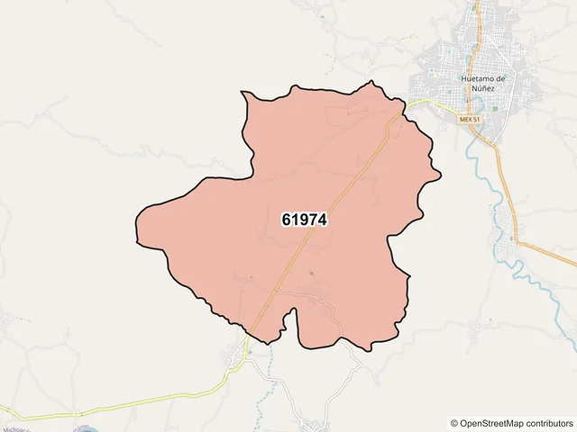 Mapa del código postal 61974, Huetamo, Michoacán de Ocampo