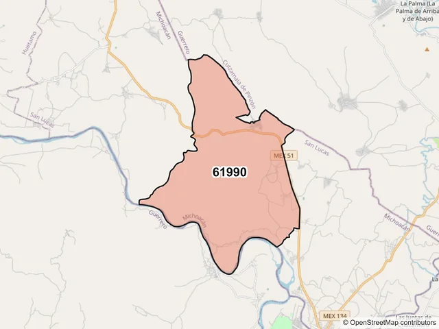 Mapa del código postal 61990, San Lucas, Michoacán de Ocampo