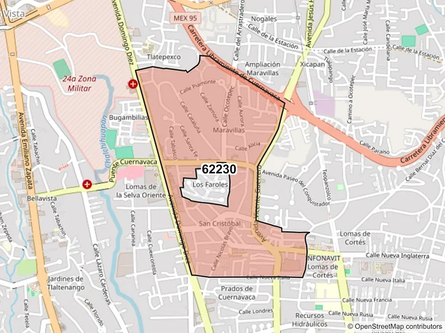 Mapa del código postal 62230, Cuernavaca, Morelos