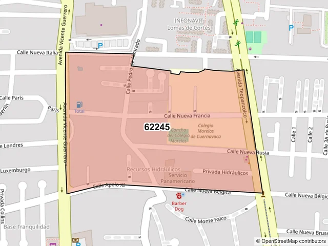 Mapa del código postal 62245, Cuernavaca, Morelos