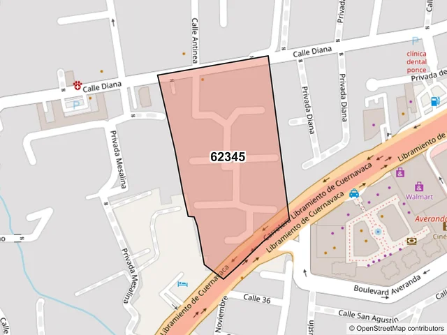 Mapa del código postal 62345, Cuernavaca, Morelos