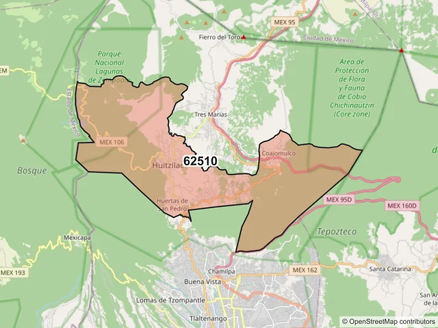 Mapa del código postal 62510, Huitzilac, Morelos