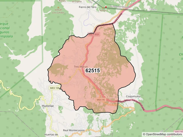 Mapa del código postal 62515, Huitzilac, Morelos