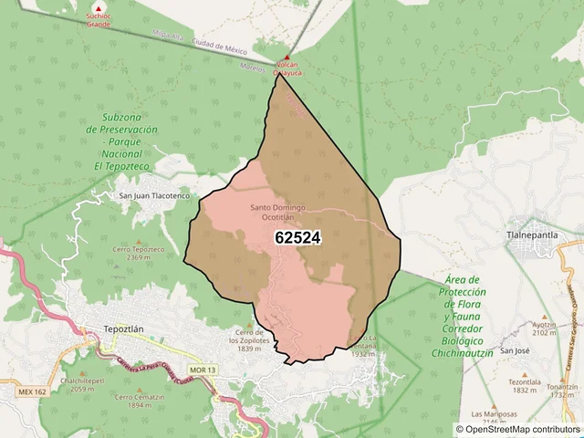 Mapa del código postal 62524, Tepoztlán, Morelos