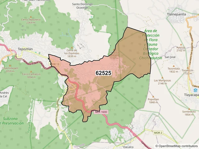 Mapa del código postal 62525, Tepoztlán, Morelos