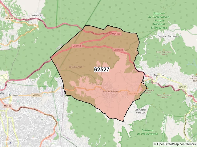 Mapa del código postal 62527, Tepoztlán, Morelos