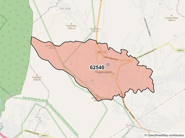 Mapa del código postal 62540, Tlayacapan, Morelos