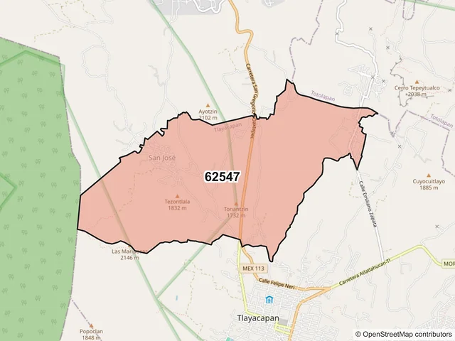Mapa del código postal 62547, Tlayacapan, Morelos