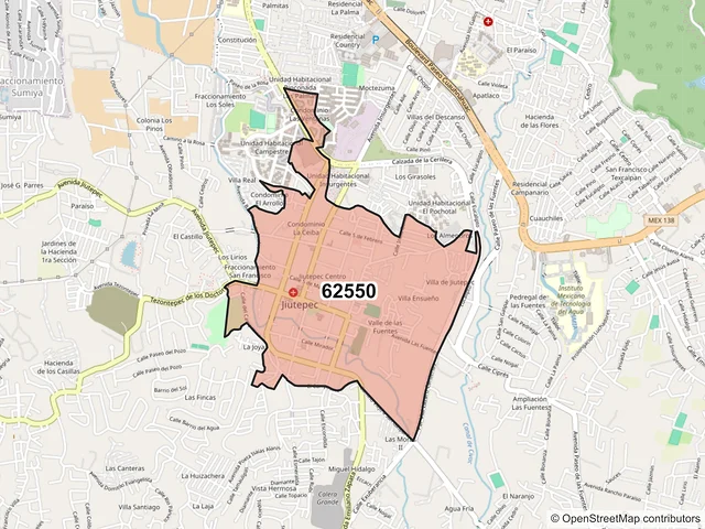 Mapa del código postal 62550, Jiutepec, Morelos