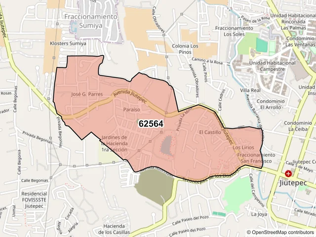 Mapa del código postal 62564, Jiutepec, Morelos
