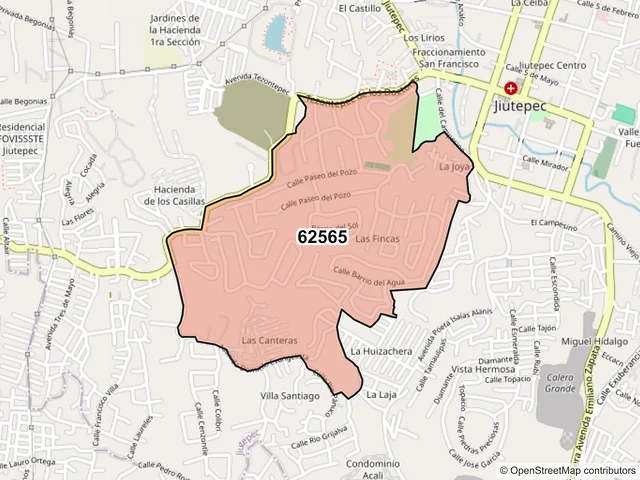 Mapa del código postal 62565, Jiutepec, Morelos