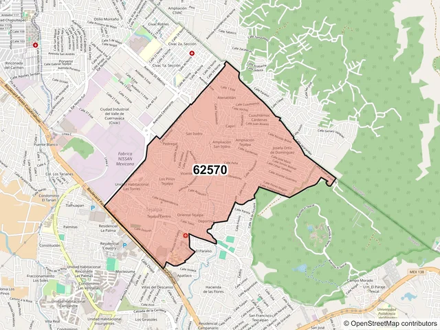 Mapa del código postal 62570, Jiutepec, Morelos