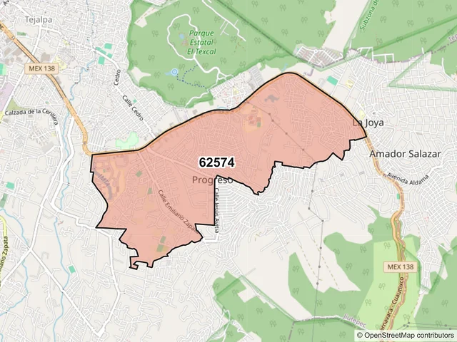 Mapa del código postal 62574, Jiutepec, Morelos