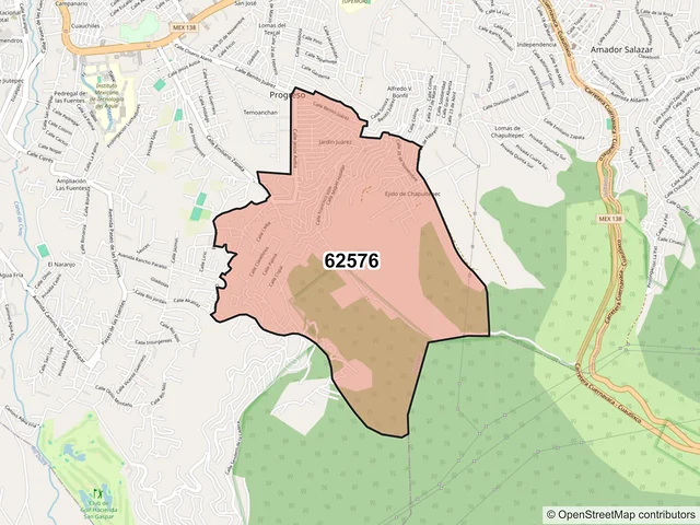 Mapa del código postal 62576, Jiutepec, Morelos