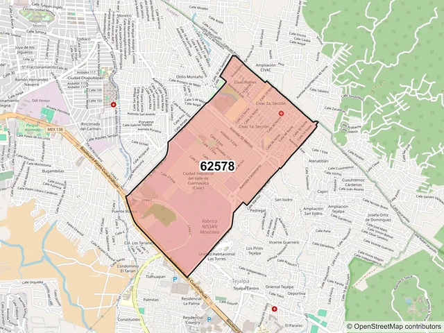 Mapa del código postal 62578, Jiutepec, Morelos