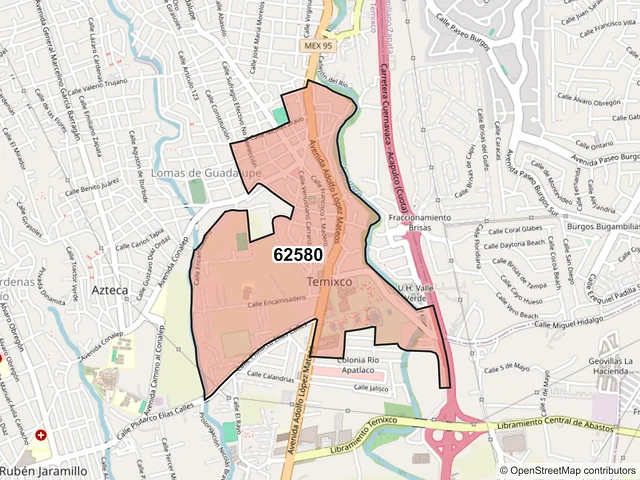 Mapa del código postal 62580, Temixco, Morelos