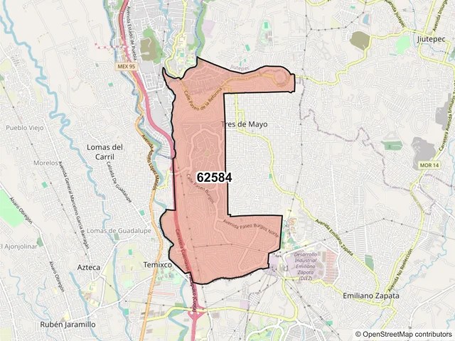 Mapa del código postal 62584, Temixco, Morelos