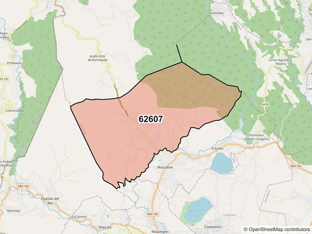 Mapa del código postal 62607, Miacatlán, Morelos